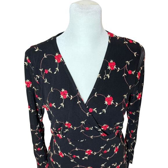 Vintage 90s Y2K Shirt Women Medium Black Mesh Lettuce Hem Sheer Floral Red Rose - Picture 2 of 11